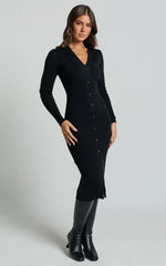 Leahanna Midi Dress - Button Front Knit Dress in Black