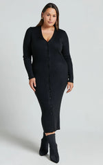 Leahanna Midi Dress - Button Front Knit Dress in Black