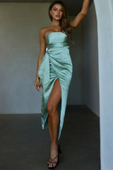Gianna Strapless Waist Tie Midi Dress Pistachio