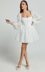Ingrid Mini Dress - Long Puff Sleeve Pearl Detail Dress in White