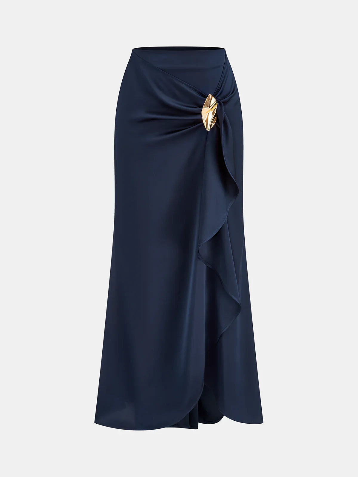 Asymmetric Ruffle Metal Detail Satin Maxi Skirt