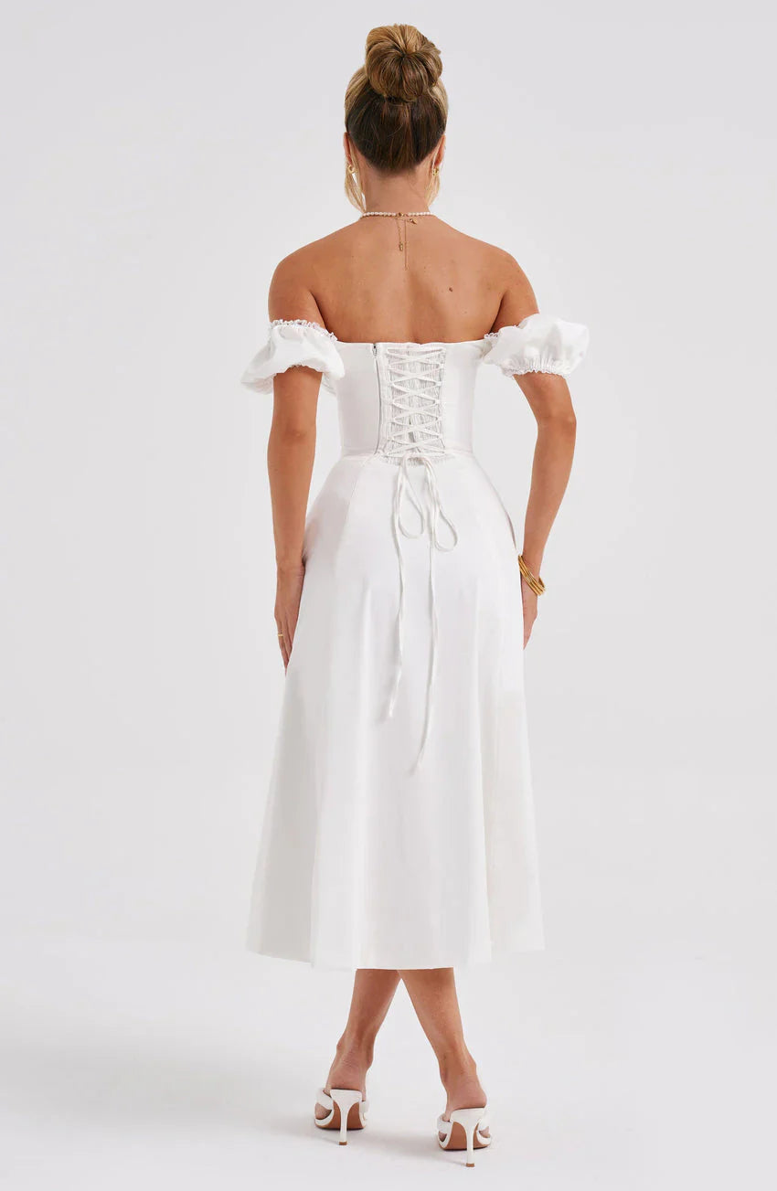 lucy one shoulder midi dress - ivory Ruched One Shoulder Dress in White